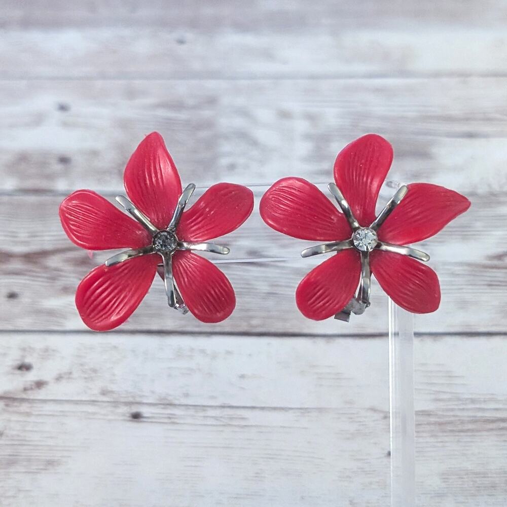 Vintage Clip On Earrings Extra Large Red Flower Statement